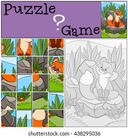 Education games for kids. Puzzle. Little cute baby fox looks at the fly on his nose and smiles.