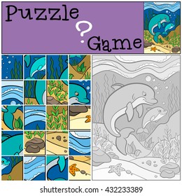 Education games for kids. Puzzle. Mother dolphin swims underwater with her little cute baby dolphin and smiles.