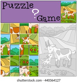 Education games for kids. Puzzle. Mother goat with her little cute baby goat on the field.