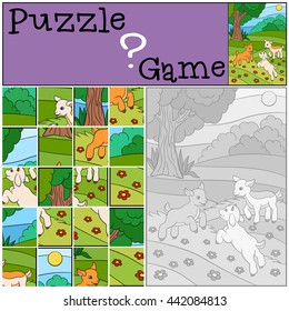Education games for kids  Puzzle  Three little cute baby goats play the field 