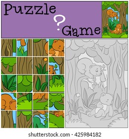 Education games for kids. Puzzle. Two little cute baby bears in the forest. 
