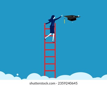Education gap. Businesswoman climbs up and grabs a high graduation cap on the cloud 