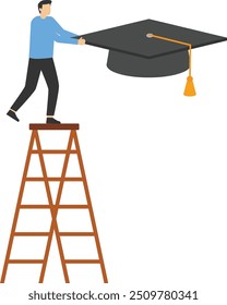 Education gap. Businesswoman climbs up and grabs a high graduation cap on the cloud

