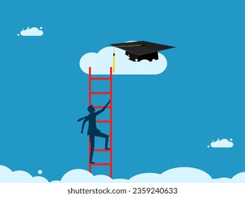 Education gap. man climbs up and grabs a high graduation cap on the cloud 