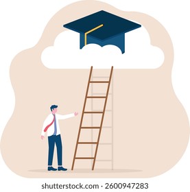Education gap. man climbs up and grabs a high graduation cap on the cloud

