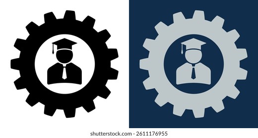 Education Gear Icon with Graduate Avatar. Academic Admin Settings Symbol. Student Management UI Element, Online Learning Platform Icon in Flat Style for Web, App, and Software Interfaces.