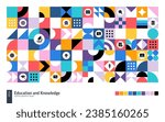 Education Geometric Retro Pattern. Color School Abstract Shape Background. Vector Art. University Poster, College Study Banner, Cover. Triangle, Square, Circle Forms. Science, Academy, Book icon