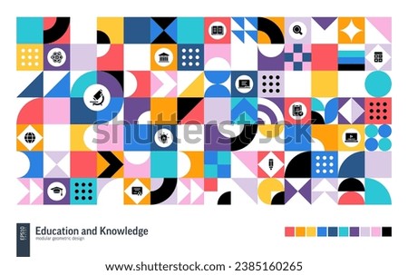 Education Geometric Retro Pattern. Color School Abstract Shape Background. Vector Art. University Poster, College Study Banner, Cover. Triangle, Square, Circle Forms. Science, Academy, Book icon