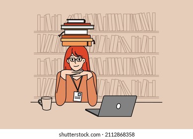 Education and getting knowledge concept. Smiling girl student sitting at laptop and carrying heap of books on head in library getting prepared for exam vector illustration 