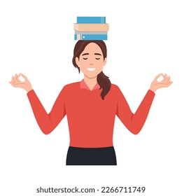 Education and getting knowledge concept. Young woman meditate with books above her head. Flat vector illustration isolated on white background