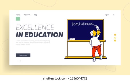 Education and Getting Knowledge at Home Website Landing Page. Little Girl Writing Word Homeschooling on Chalkboard in Class. Distant Learning Web Page Banner. Flat Vector Illustration, Line Art