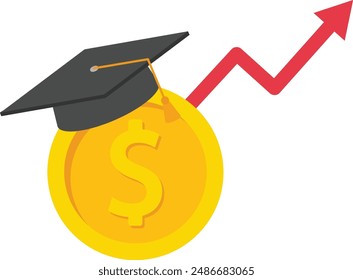 Education is getting more expensive. Good rating, positive reviews, prestigious university. Payment for education. Tuition fees, scholarship. Dollar coin wearing academic graduation mortarboard hat.

