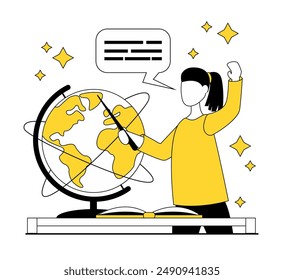 Bildung. Das Mädchen zeigt auf einen Globus mit einem Zeiger und spricht über Geografie