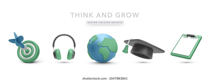 Education and Global Learning Icons Featuring Target, Headphones, Globe, Graduation Cap, and Clipboard in Playful 3D Style. Ideal for Courses, Study, and Language Themes. Vector Illustration.
