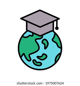 Education, global, student hat icon vector image. Can also be used for online education. Suitable for use on web apps, mobile apps and print media.