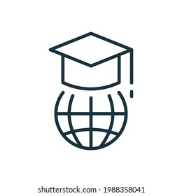 Education in Global World Linear Icon. Graduation Cap and Online Education Line Icon. Graduation Hat on Top of Globe. Student Cap Pictogram. Editable stroke. Vector illustration.