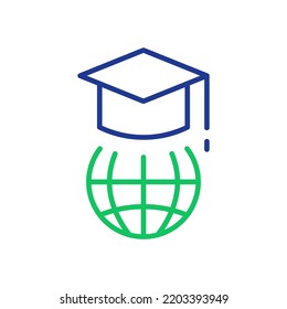 Education In Global World Linear Icon. Graduation Cap And Online Education Line Icon. Graduation Hat On Top Of Globe. Student Cap Pictogram. Editable Stroke. Vector Illustration.