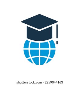 Education in Global World Silhouette Icon. Graduation Cap and Online Education Icon. Graduation Hat on Top of Globe. Student Cap Pictogram. Vector Isolated Illustration.