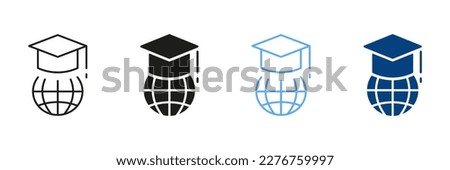 Education in Global World Silhouette and Line Icon Set. Graduation Cap and Online Education Color Sign Collection. Graduation Hat on Top of Globe. Student Cap Pictograms. Isolated Vector Illustration.