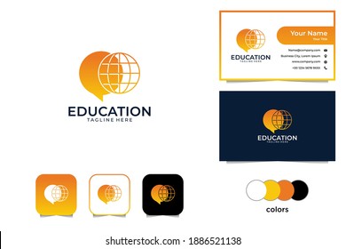 education with globe and chat logo design and business card
