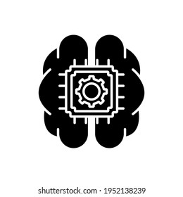 Education glyph icon. Brain with computer processor. Thin line customizable illustration. Contour symbol. Vector isolated outline drawing.