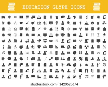 Education glyph icons big set. School, college, university, self study, business education. Educational program. E learning, online courses, classes. Silhouette symbols. Vector isolated illustration