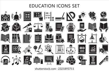 education glyph icons pack. contain book, ruler microscope, mathematics, chemistry and more. use for modern concept, UI or UX kit, web and app. vector EPS 10 ready convert to SVG.