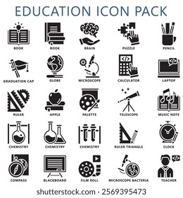 Education glyph icons set. contain book, globe, calculator, pen, ruler, laptop and more. use for modern concept, web and app development. Vector EPS 10