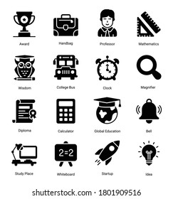 education glyph icons set isolated on white background