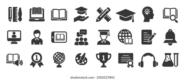 Education glyph solid icons collection. Containing content school, e-learning, course, student. Minimal icon and symbol series vector illustration