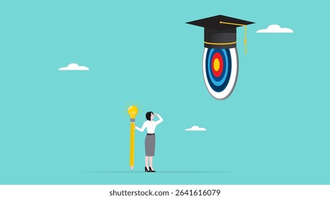 education goals, educational targets or skills development, strategy to achieve higher education, effort to graduate high degree education, smart woman aiming at target board with graduation cap