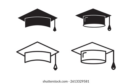 Education graduate cap illustration. College symbol, school or academic hat. Vector set master degree icon. EPS10