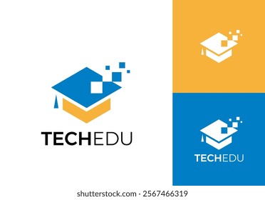 education graduate cap tech digital logo design vector concept