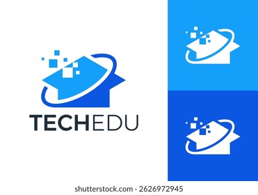 education graduate cap tech digital logo design vector concept