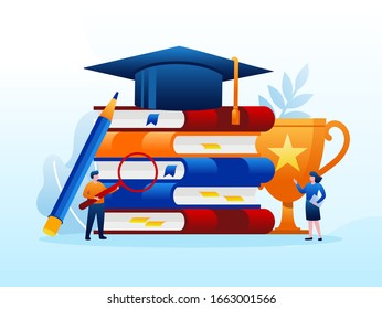 Plantilla vectorial plana de ilustraciones de libros para estudiantes graduados de educación 