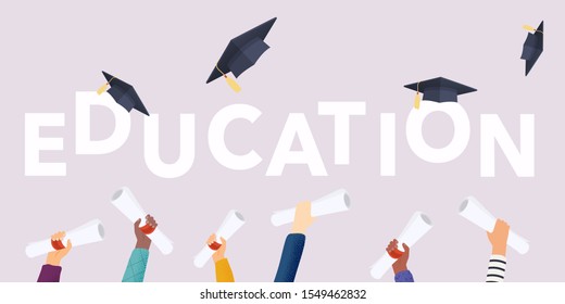 Education. Graduating students of pupil hands in gown throwing graduation caps. Hands holding diploma graduation. Flat design modern vector illustration concept.