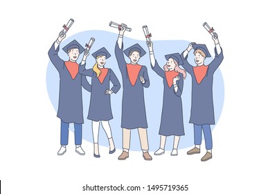 Educación, graduación, concepto de concesión. Concesión de diplomas a estudiantes de posgrado exitosos en la escuela o la universidad. Los jóvenes graduados de la universidad recibieron títulos de bachiller. Simple vector plano.