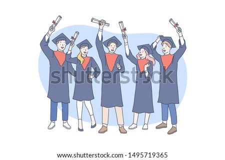 Education, graduation, awarding concept. Awarding successful graduate students in school or college with diplomas. Young graduates of the university received bachelors degrees. Simple flat vector.