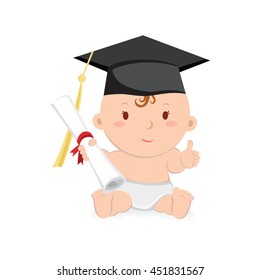 Education graduation baby girl. Baby graduation. Vector illustration of a baby girl with mortarboards and certificates.
