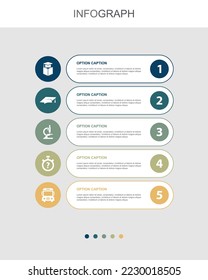 educación, tapa de graduación, microscopio, test, iconos de bus escolar Plantilla de diseño infográfico. Concepto creativo con 5 pasos