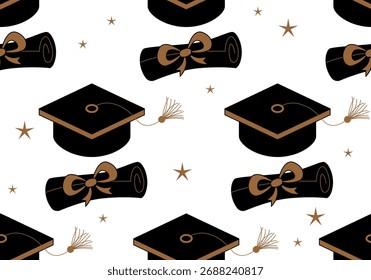 Education and graduation concept. Seamless Pattern with Graduation Caps and Gold Stars. Graduation cap seamless pattern