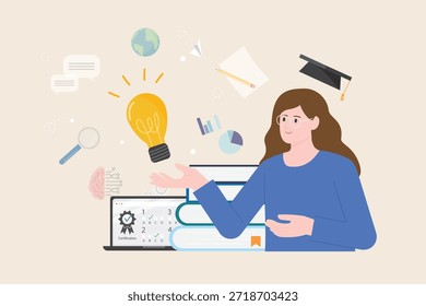 Educação e conceito de graduação. Pesquisando pesquisa de estudo, aproximam-se do conhecimento. Curso universitário de ensino eletrônico. Online aprendizagem graduação certificação ilustração vetor plano.