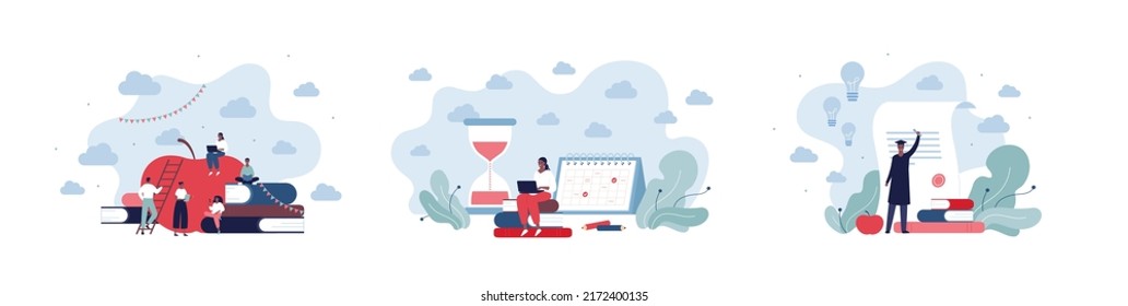 Konzept für Bildung und Graduierung. Vektorflache Menschen Illustration. Männliche und weibliche afrikanische Studentenfigur. Buchen, Stundenglas, Diplom, Apfel, Laptop-Symbol.