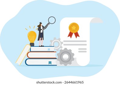 Education and graduation concept. Student Searching study or research, approach knowledge. University diploma E-learning course. Online learning graduation certification illustration flat vector.