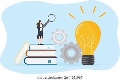 Education and graduation concept. Student Searching study or research, approach knowledge. University diploma E-learning course. Online learning graduation certification illustration flat vector.