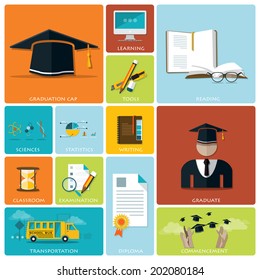 Education And Graduation Flat Icon Set Design Template