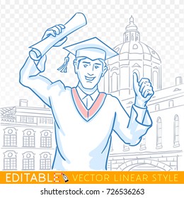 Education, graduation, gesture and people concept - happy student in mortarboard cap, bachelor gown with diploma showing thumbs up. Editable sketch in blue ink style. Hand drawn vector illustration.