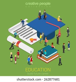 Education Graduation License Certificate Flat 3d Web Isometric Infographic Concept Vector. Micro People With Big Graduate Cap Books Cert. Creative People Collection.
