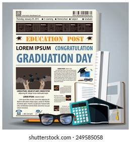 Education And Graduation Newspaper Lay Out With Pencil, Glasses, Stationery Design Template