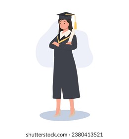 education, graduation and people concept. Confident Graduate in Cap and Gown.